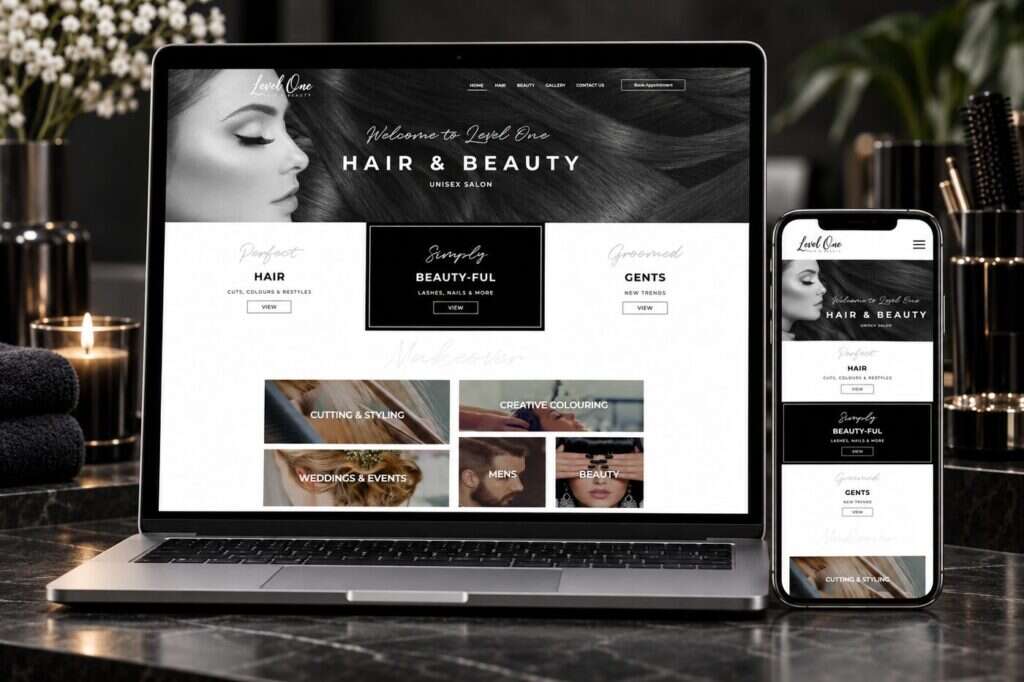 Level One Hair Design website shown on laptop and mobile devices