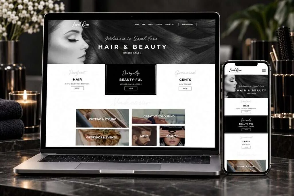 Level One Hair Design website shown on laptop and mobile devices