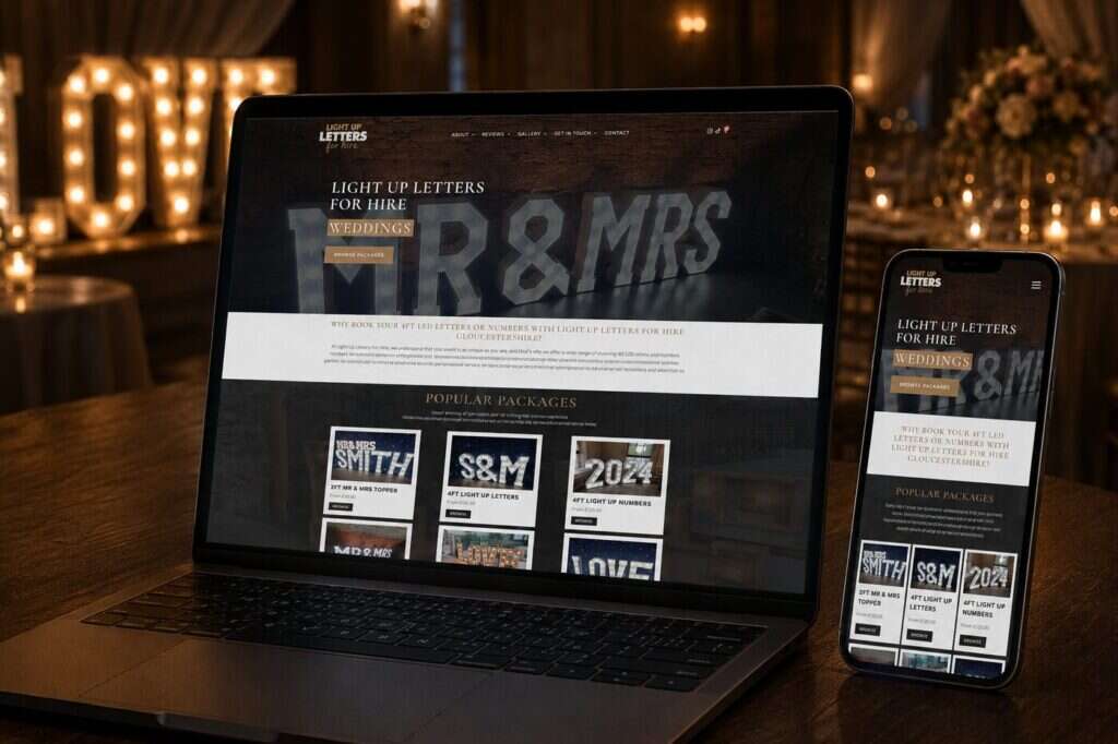 Light Up Letter Hire website shown on laptop and mobile devices